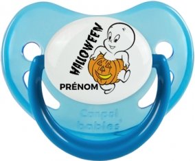 Halloween casper + prénom : Sucette Bleue phosphorescente embout physiologique
