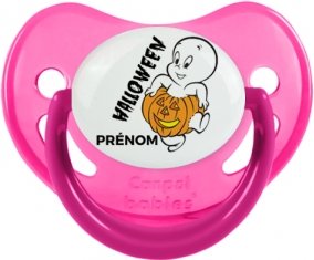 Halloween casper + prénom : Sucette Rose phosphorescente embout physiologique