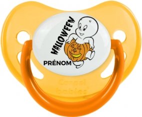 Halloween casper + prénom : Sucette Jaune phosphorescente embout physiologique