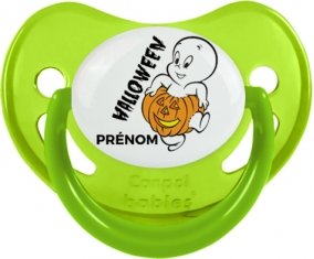 Halloween casper + prénom : Sucette Vert phosphorescente embout physiologique