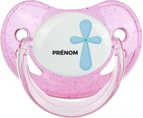It's a girl croix rose + prénom : Sucette Rose à paillette embout physiologique