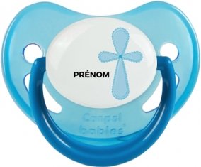 It's a girl croix rose + prénom : Sucette Bleue phosphorescente embout physiologique