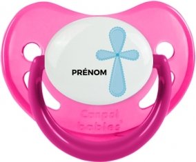 It's a girl croix rose + prénom : Sucette Rose phosphorescente embout physiologique
