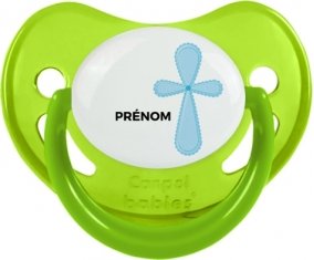 It's a girl croix rose + prénom : Sucette Vert phosphorescente embout physiologique