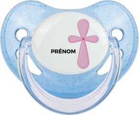 It's a boy croix bleue + prénom : Sucette Bleue à paillette embout physiologique