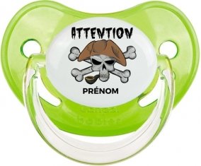 Attention pirate + prénom : Sucette Vert classique embout physiologique