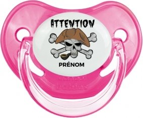 Attention pirate + prénom : Sucette Rose classique embout physiologique