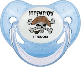 Attention pirate + prénom : Sucette Bleue à paillette embout physiologique
