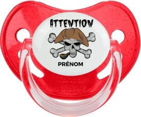 Attention pirate + prénom : Sucette Rouge à paillette embout physiologique