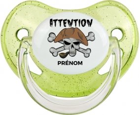 Attention pirate + prénom : Sucette Vert à paillette embout physiologique