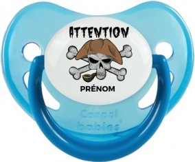 Attention pirate + prénom : Sucette Bleue phosphorescente embout physiologique