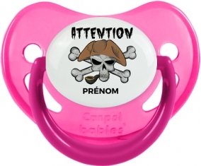 Attention pirate + prénom : Sucette Rose phosphorescente embout physiologique