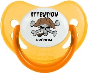 Attention pirate + prénom : Sucette Jaune phosphorescente embout physiologique