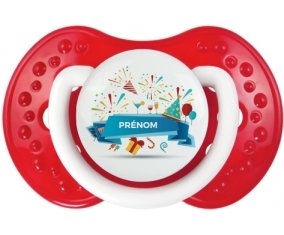 Joyeux anniversaire style 1 + prénom : 0/6 mois - Blanc-rouge classique embout Lovi Dynamic