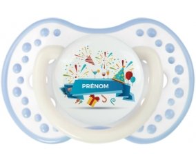Joyeux anniversaire style 1 + prénom : 0/6 mois - Blanc-cyan classique embout Lovi Dynamic
