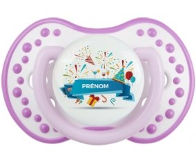 Joyeux anniversaire style 1 + prénom : 0/6 mois - Blanc-mauve classique embout Lovi Dynamic