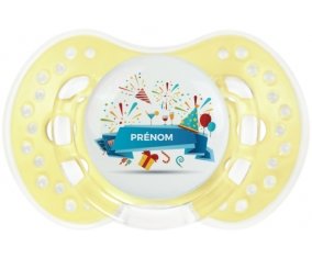 Joyeux anniversaire style 1 + prénom : 0/6 mois - Trendy-jaune classique embout Lovi Dynamic