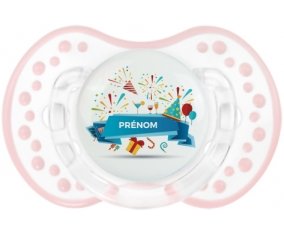 Joyeux anniversaire style 1 + prénom : 0/6 mois - Retro-blanc-rose-tendre classique embout Lovi Dynamic