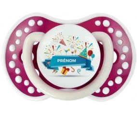 Joyeux anniversaire style 1 + prénom : 0/6 mois - Fuchsia phosphorescente embout Lovi Dynamic
