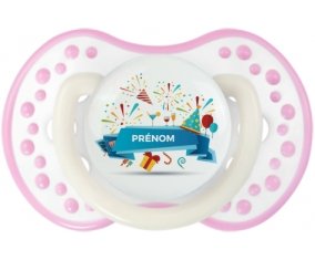 Joyeux anniversaire style 1 + prénom : 0/6 mois - Blanc-rose phosphorescente embout Lovi Dynamic
