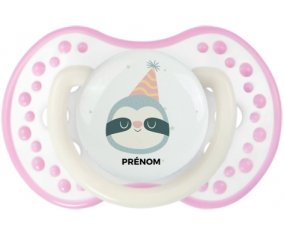 Paresseux anniversaire + prénom : 0/6 mois - Blanc-rose phosphorescente embout Lovi Dynamic