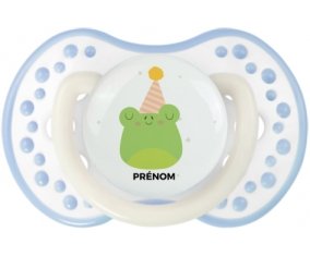 Grenouille anniversaire + prénom : 0/6 mois - Blanc-cyan classique embout Lovi Dynamic