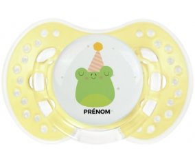 Grenouille anniversaire + prénom : 0/6 mois - Trendy-jaune classique embout Lovi Dynamic