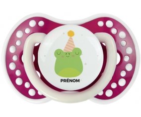 Grenouille anniversaire + prénom : 0/6 mois - Fuchsia phosphorescente embout Lovi Dynamic