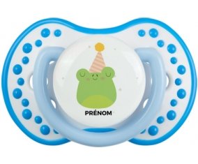 Grenouille anniversaire + prénom : 0/6 mois - Blanc-bleu phosphorescente embout Lovi Dynamic