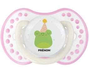 Grenouille anniversaire + prénom : 0/6 mois - Blanc-rose phosphorescente embout Lovi Dynamic