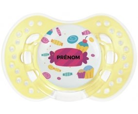 Bonbons anniversaire + prénom : 0/6 mois - Trendy-jaune classique embout Lovi Dynamic