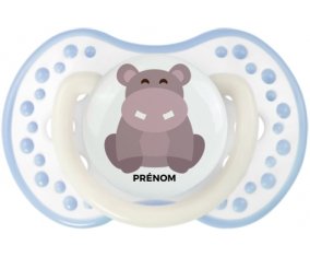 Hippopotame + prénom : 0/6 mois - Blanc-cyan classique embout Lovi Dynamic