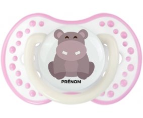 Hippopotame + prénom : 0/6 mois - Blanc-rose phosphorescente embout Lovi Dynamic
