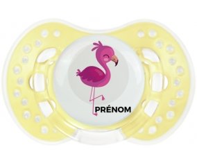 Flamant rose + prénom : 0/6 mois - Trendy-jaune classique embout Lovi Dynamic