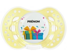 Cadeaux anniversaire style 2 + prénom : 0/6 mois - Trendy-jaune classique embout Lovi Dynamic