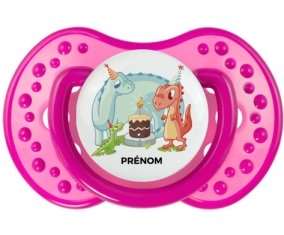 Dinosaures anniversaire + prénom : 0/6 mois - Rose classique embout Lovi Dynamic