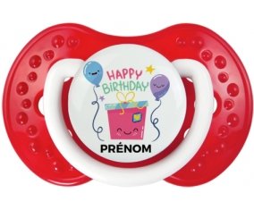 Happy birthday style 4 + prénom : 0/6 mois - Blanc-rouge classique embout Lovi Dynamic