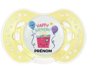 Happy birthday style 4 + prénom : 0/6 mois - Trendy-jaune classique embout Lovi Dynamic