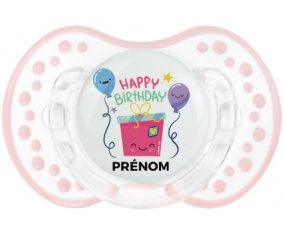 Happy birthday style 4 + prénom : 0/6 mois - Retro-blanc-rose-tendre classique embout Lovi Dynamic