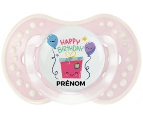 Happy birthday style 4 + prénom : 0/6 mois - Retro-rose-tendre classique embout Lovi Dynamic