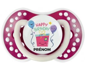 Happy birthday style 4 + prénom : 0/6 mois - Fuchsia phosphorescente embout Lovi Dynamic