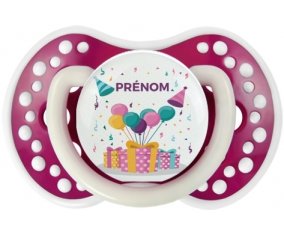 Happy birthday style 5 + prénom : 0/6 mois - Fuchsia phosphorescente embout Lovi Dynamic