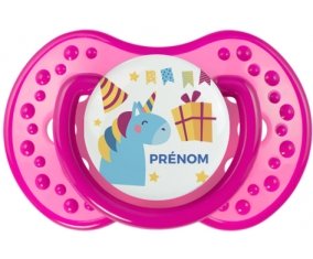 Licorne anniversaire + prénom : 0/6 mois - Rose classique embout Lovi Dynamic