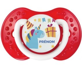 Licorne anniversaire + prénom : 0/6 mois - Blanc-rouge classique embout Lovi Dynamic