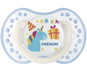 Licorne anniversaire + prénom : 0/6 mois - Blanc-cyan classique embout Lovi Dynamic