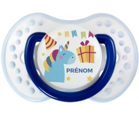 Licorne anniversaire + prénom : 0/6 mois - Marine-blanc-bleu classique embout Lovi Dynamic