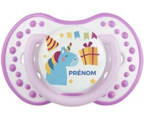 Licorne anniversaire + prénom : 0/6 mois - Blanc-mauve classique embout Lovi Dynamic