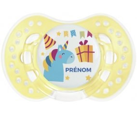 Licorne anniversaire + prénom : 0/6 mois - Trendy-jaune classique embout Lovi Dynamic
