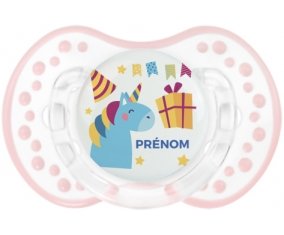 Licorne anniversaire + prénom : 0/6 mois - Retro-blanc-rose-tendre classique embout Lovi Dynamic