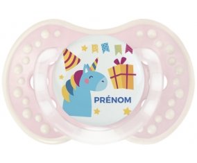 Licorne anniversaire + prénom : 0/6 mois - Retro-rose-tendre classique embout Lovi Dynamic